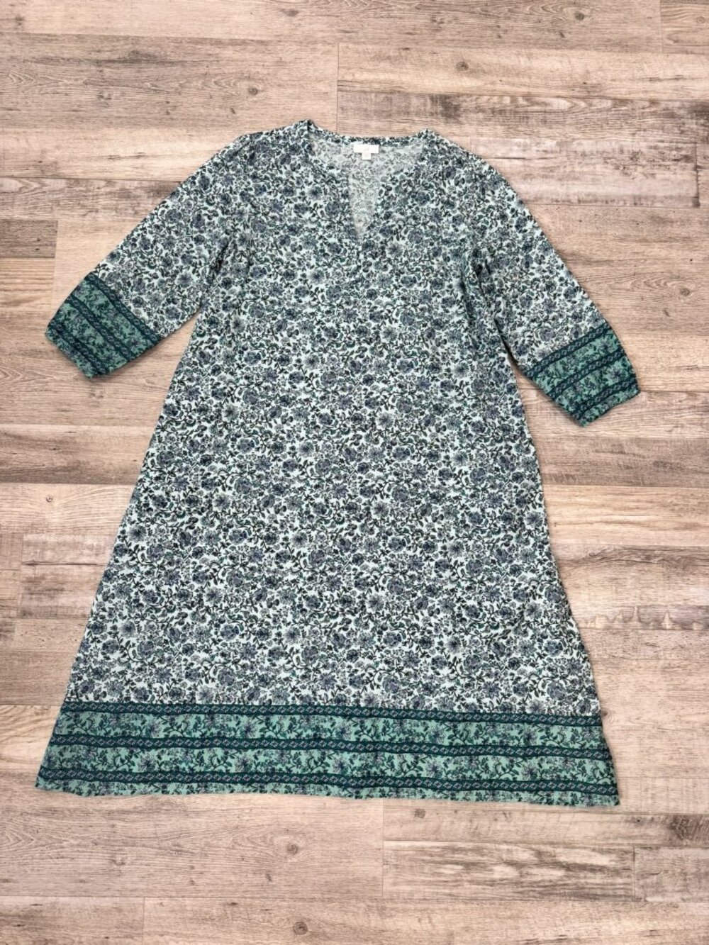 J. Jill Blue Floral 3/4 Sleeve V-Neck Midi Dress Size Medium 100% Cotton P37